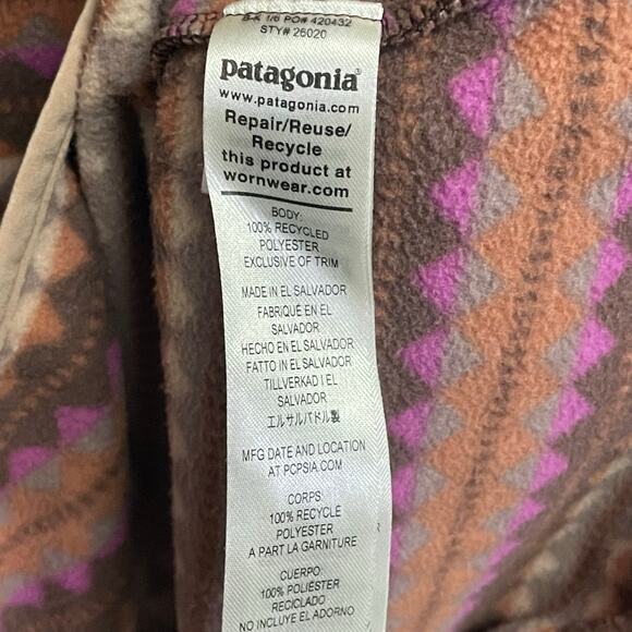 Patagonia Micro D Snap T Fleece Pullover Pink Diamond Stripe / Brown Size Medium - Picture 7 of 7
